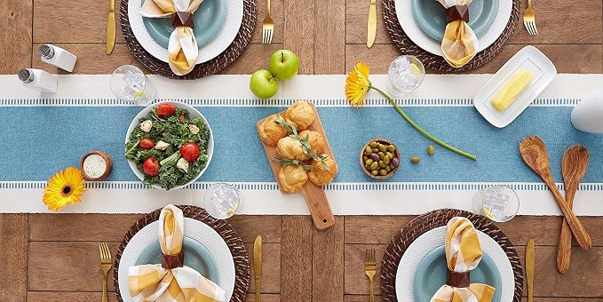 DII Dobby Stripe Table Runner, 13x72 Storm Blue & Cream Background | Woven - Image 7