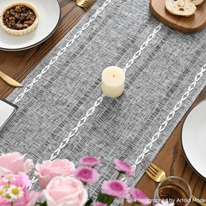 Artoid Mode Dark Grey Rustic Cotton Linen Table Runner, Seasonal Embroidered - Image 4