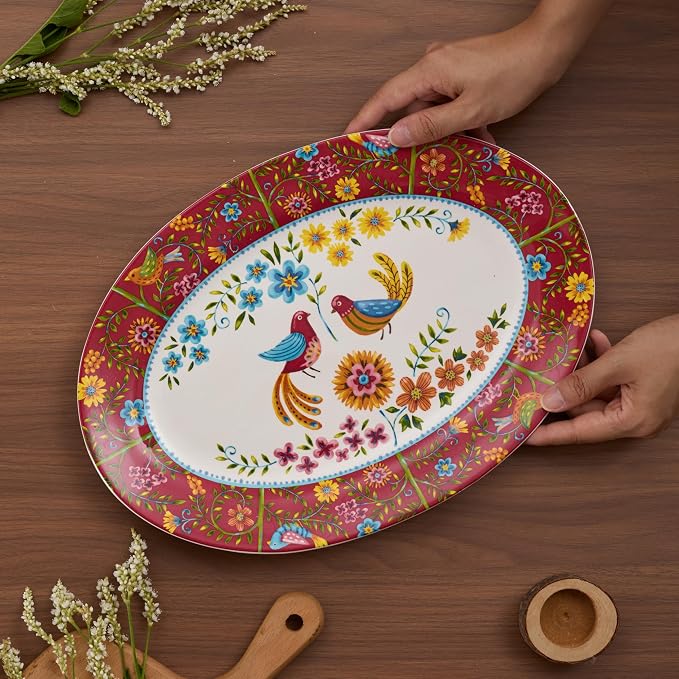 Bico Red Spring Bird 16 plus 14 inch Oval Platters Set, Microwave and - Image 4