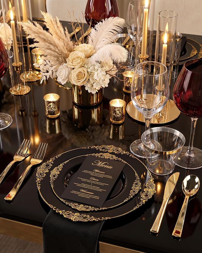 Nervure 600Pcs Black Plastic Plates, Plastic Dinnerware Set - Image 2