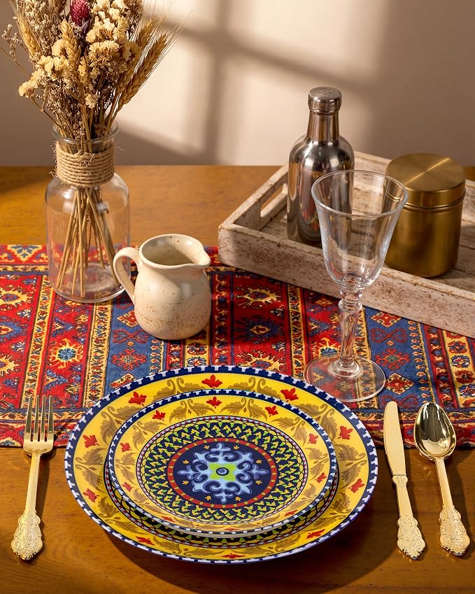 Yellow Plastic Plates, Boho Plates, layered circle red/yellow accents. Durable - Image 2