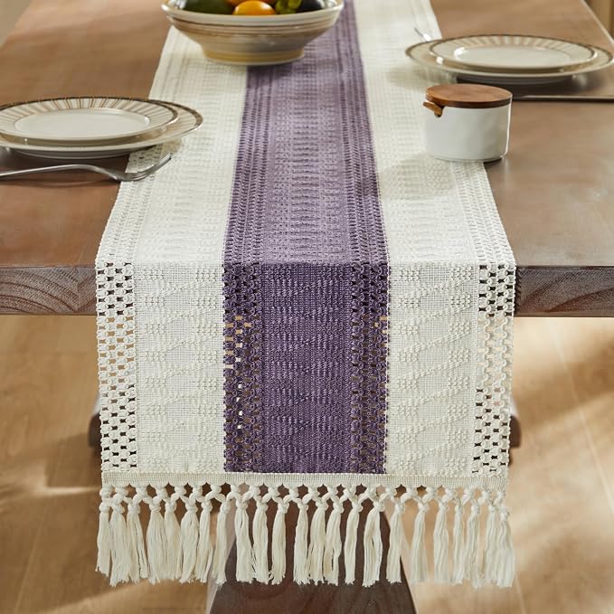 Macrame Style Bicolor Stitching Table Runner 14x72in Purple | Woven Boho Table - Image 3