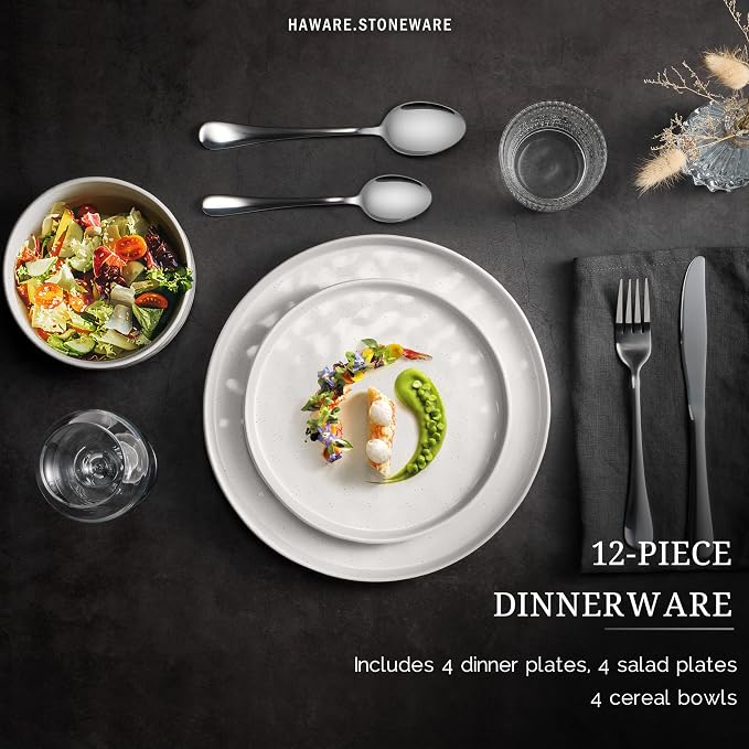 HaWare Dinnerware Sets, 12-Piece Plates and Bowls Set, Speckled White | - Image 3
