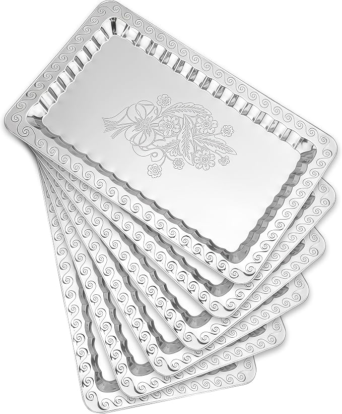 6-Pack Silver Serving Trays Set – Swirl Floral Engraved Serving Platters by BSTUR