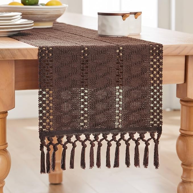 Macrame Style Boho Table Runner, 12x108 Inch Chocolate | Woven Boho Table Runner - Image 7