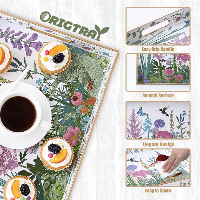 Serving Tray with Handles, Rectangular Plastic Tray 15.75x11.81 Inch, Wildflower - Image 5
