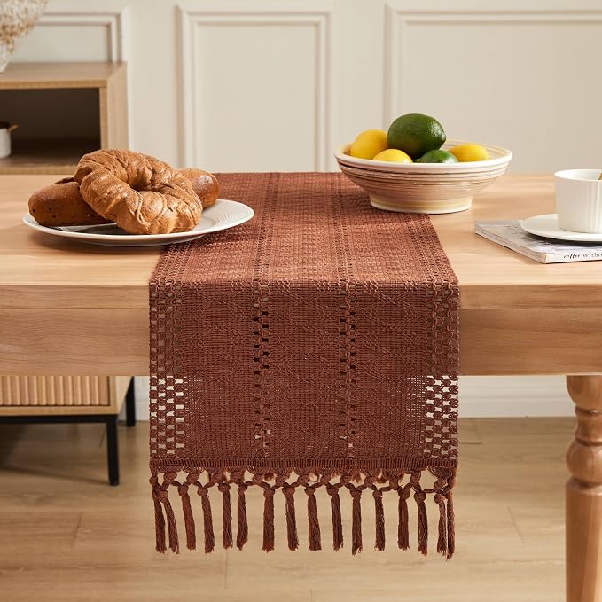 Macrame Style Boho Table Runner, 12x90 Inch Terracotta | Woven Boho Table Runner - Image 2