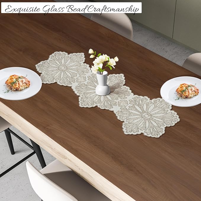 Handmade Beaded Table Runner 13x36 Inch – Silver & White Floral Beaded Runner - Image 2