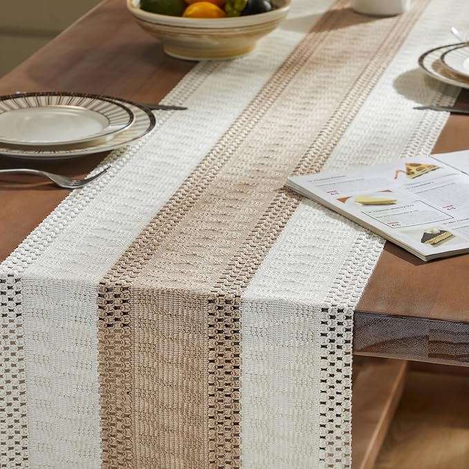 Macrame Style Bicolor Stitching Table Runner 14x60in Taupe | Woven Boho Table - Image 5