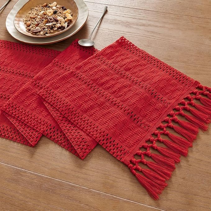 Macrame Style Boho Table Runner, 12x108 Inch Red | Woven Boho Table Runner - Image 7