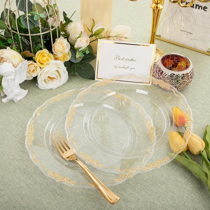 DaYammi 60PCS Clear Gold Plastic Plates Fancy Heavy Duty Clear Disposable - Image 4