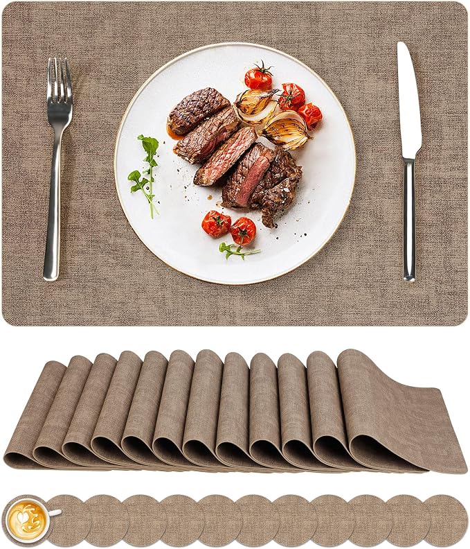 NCUE Vinyl Placemats Set of 12, Heat Resistant, Nonslip Faux Leather Waterproof by NCUE