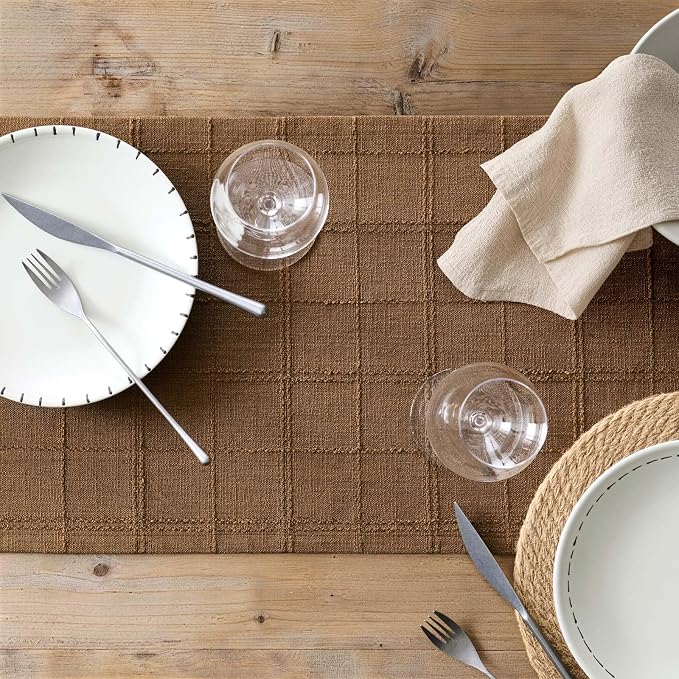 Linen Checked Farmhouse Table Runner, 13x108 Inches Roasted Brown | Raised Grid - Image 7