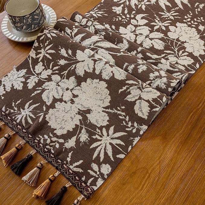 Botanical Floral Dining Table Runner Dark Brown 13 x 71 Inch | Jacquard Flower - Image 5