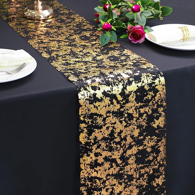Snowkingdom 2 Pcs Black and Gold Table Runner, 11 x 108 Inch Gold Metallic Foil by Snowkingdom