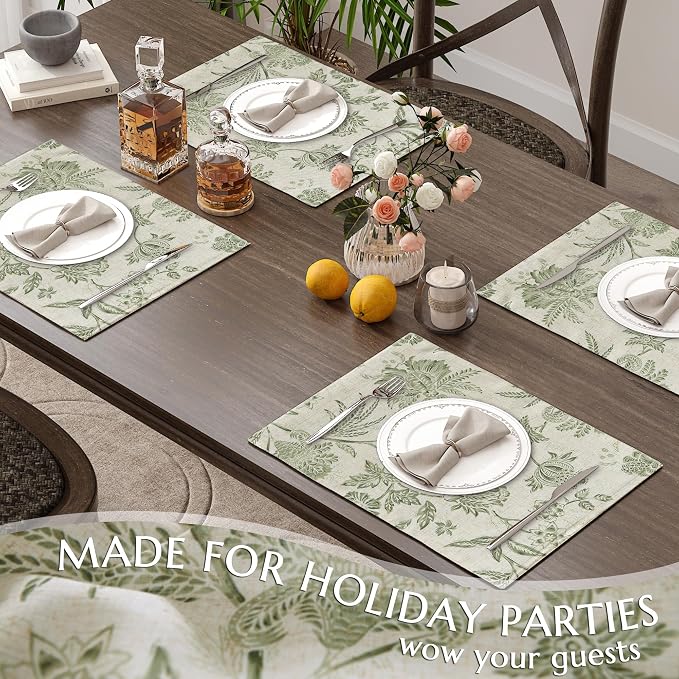 JINCHAN Sliva Linen Floral Placemats Set of 4 Farmhouse 13x19 Sage Green | - Image 7