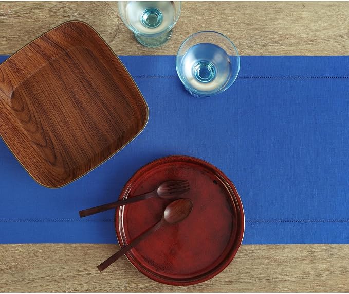 Solino Home 100% Pure Linen Table Runner Blue, Classic Hemstitch 14 x 48 in | - Image 4