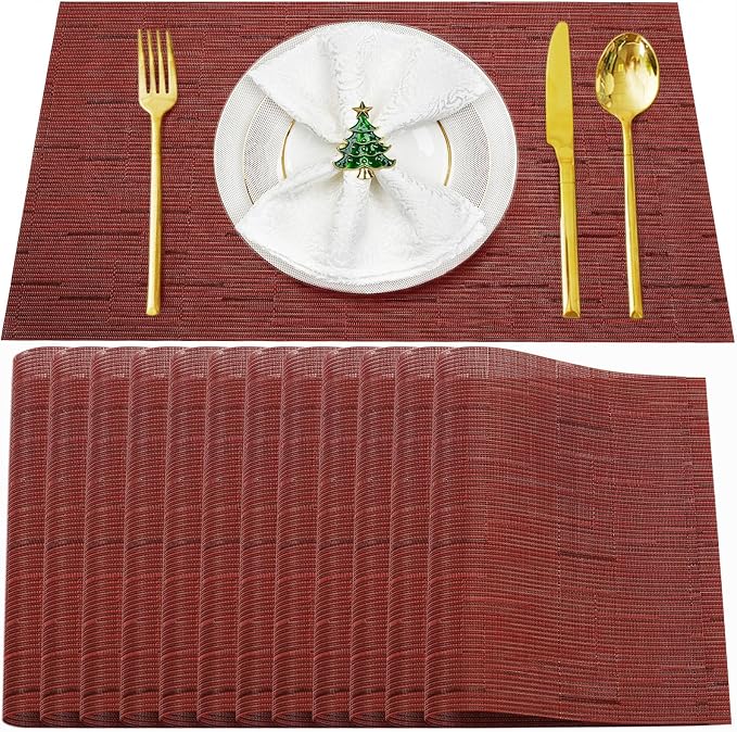 Placemats Set of 12, Vinyl Woven Red Non Slip Table Mats | Heat Resistant by BxzanDya-LifeSmartMaker