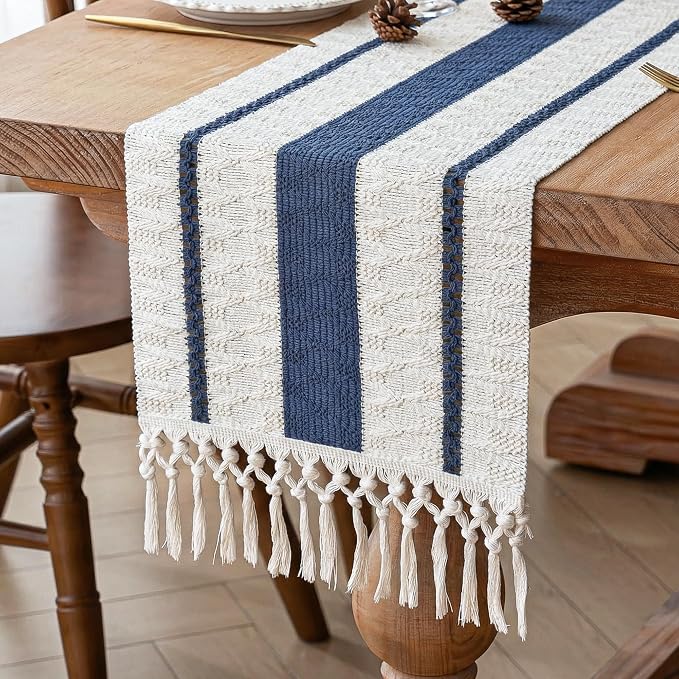 Boho Table Runner with Tassels for Fall Home Decor 12x72 Blue Decor | 72 Inches by FEXIA