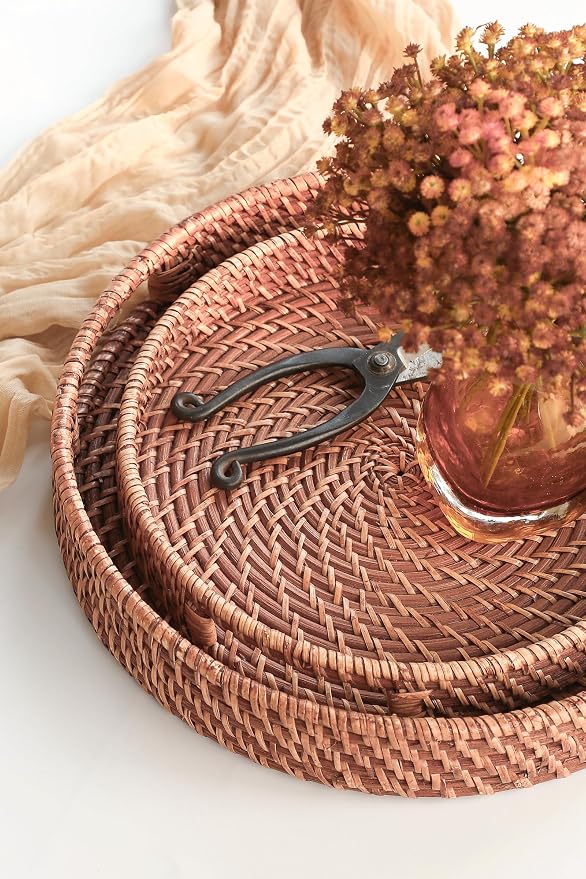 HITOMEN Hand-Woven Round Rattan Serving Tray Decorative Ottoman Wicker Platter - Image 4