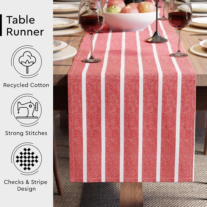 Encasa XO Table Runner, Woven Cotton Dining Runner 13"x104" | Roma Red Stripes - Image 3