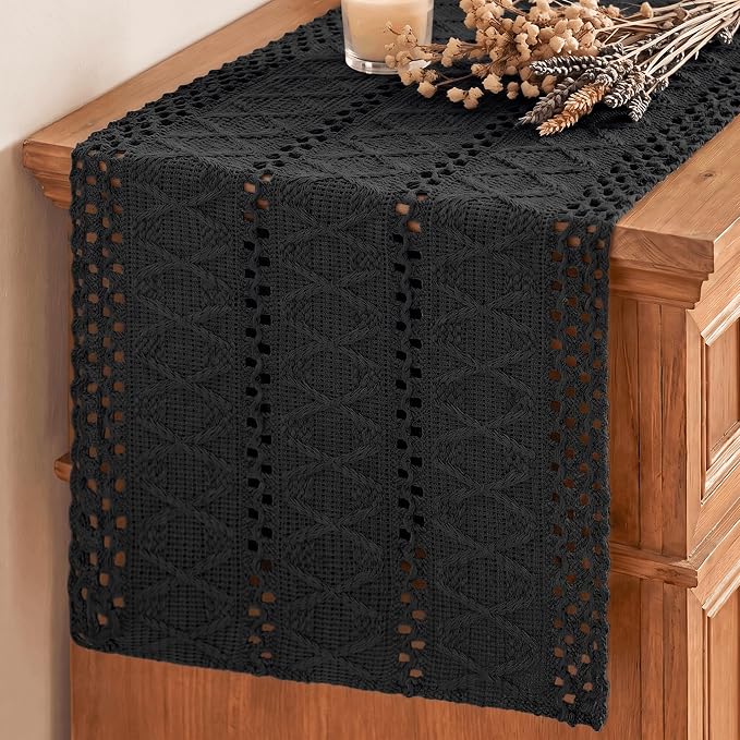 Artoid Mode Black Woven Farmhouse Hollow Table Runner 12x108 Inch | Holiday by ArtoidMode