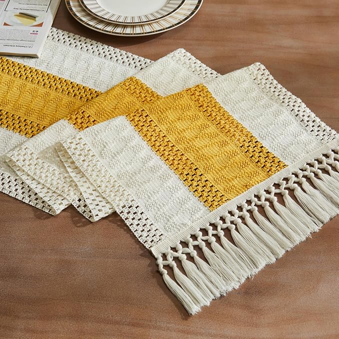 Macrame Style Bicolor Stitching Table Runner 14x36in Mustard | Woven Boho Table by ZEEMARTONLINE