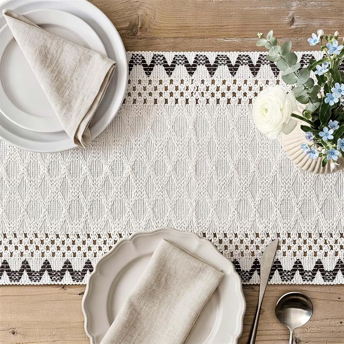 Macrame Side Trim Boho Woven Table Runner, Chocolate 12x72 Inch | Crochet - Image 3