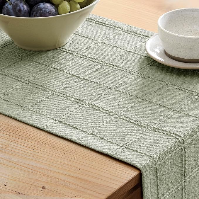 Linen Checked Farmhouse Table Runner, 13x108 Inches Seeding Green | Raised Grid - Image 5