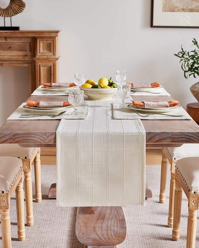 Linen Checked Farmhouse Table Runner, 13x60 Inches Ivory | Raised Grid Design - Image 2
