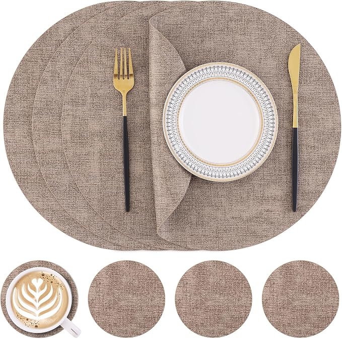 Homaxy Round Faux Leather Placemats and Coasters, Light Brown | Washable by Homaxy