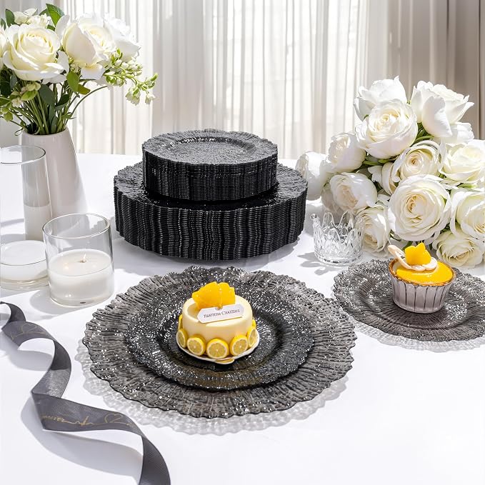 U-QE 60PCS Clear Black Plastic Plates, Heavy Duty Black Disposable Plates - Image 5