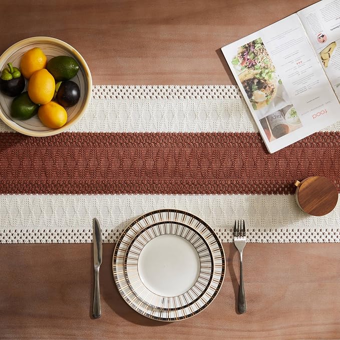 Macrame Style Bicolor Stitching Table Runner 14x90in Terracota | Woven Boho - Image 4