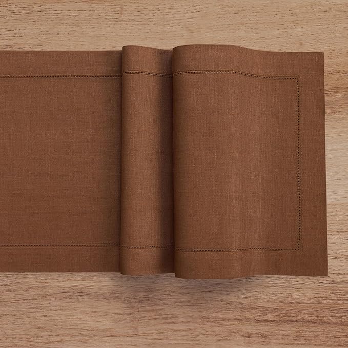 Solino Home 100% Pure Linen Dining Table Runner Brown Hemstitch, 14 x 36 in | - Image 4