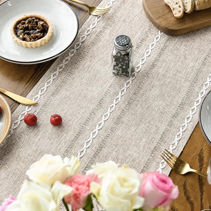 Artoid Mode Brown Rustic Cotton Linen Table Runner, Seasonal Embroidered Hollow - Image 4