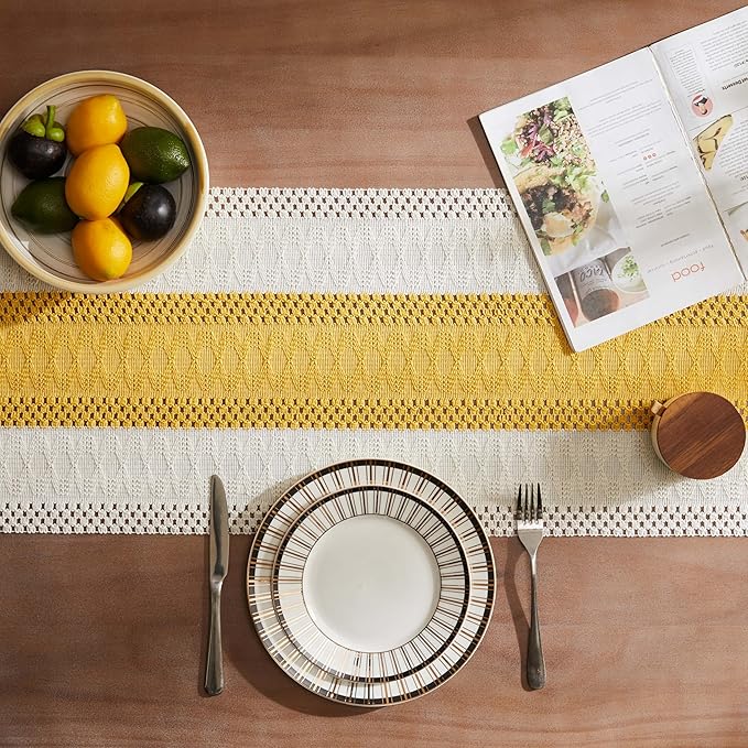 Macrame Style Bicolor Stitching Table Runner 14x72in Mustard | Woven Boho Table - Image 4