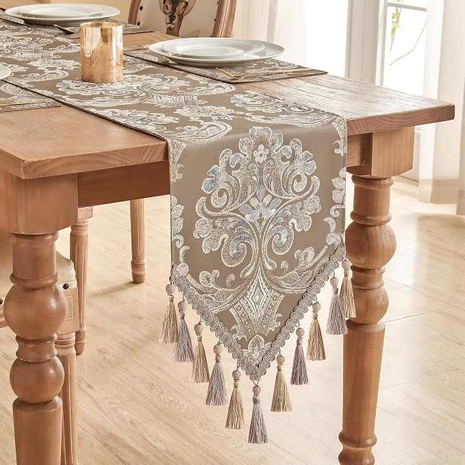 Loom and Mill Damask Floral Table Runner 108 Inches Long, Light Coffee | Luxury - Image 6