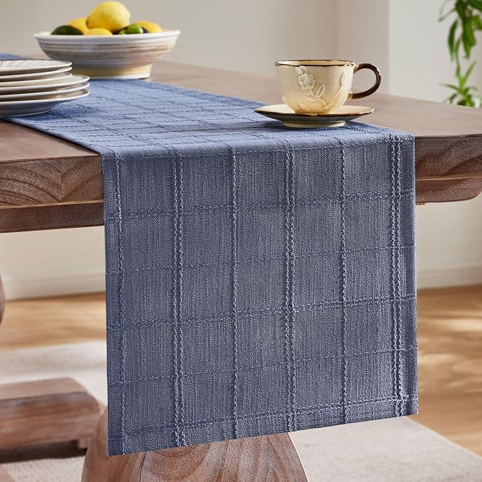 Linen Checked Farmhouse Table Runner, 13x60 Inches Blue | Raised Grid Design - Image 4