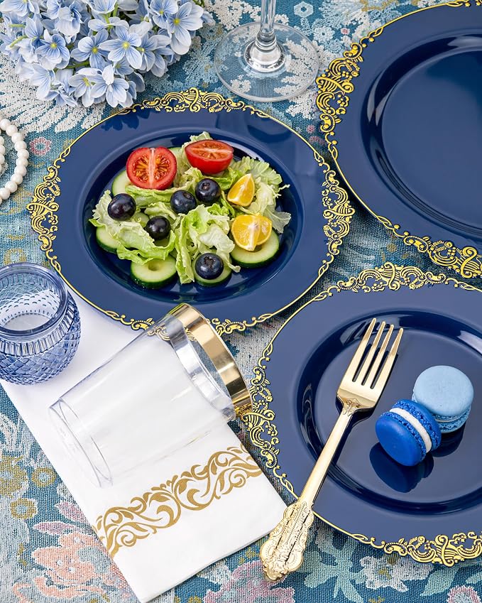 Nervure 175Pcs Blue Plastic Plates, Disposable Dinnerware Set - Image 8