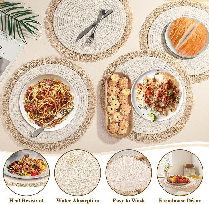 Round Placemats Set of 4 Table Mats 13Inch Washable Cotton Heat Resistant - Image 3