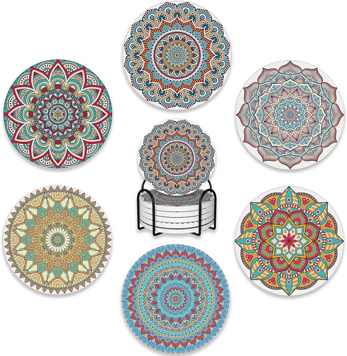 Drink Coasters Set of 6 with Holder, Mandala Boho Flower Absorbent Ceramic by BUYIDUI