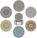 Drink Coasters Set of 6 with Holder, Mandala Boho Flower Absorbent Ceramic by BUYIDUI