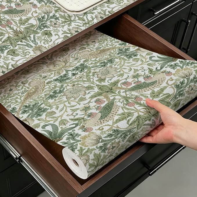 Bird Floral Drawer Shelf Liner for Kitchen Green 15.7IN x 10FT | Non Adhesive by TryougxaShelfLiner