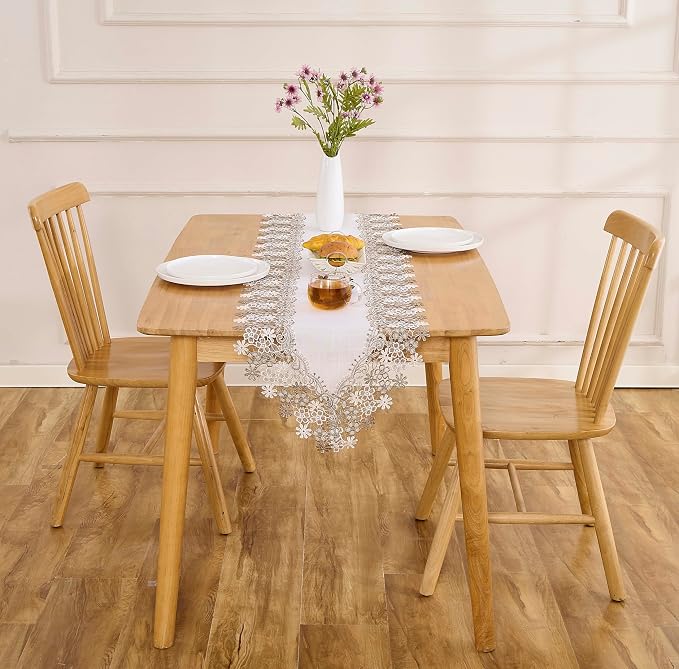 White Beige Floral Lace Table Runner Dresser Scarf | Floral Lace Border - Image 5
