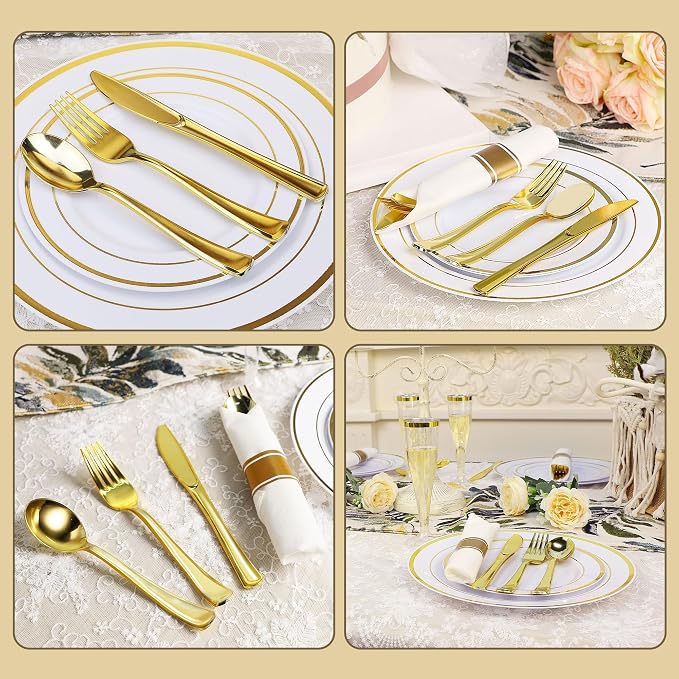 Zcaukya 200 Pieces Gold Plastic Silverware Set | Disposable Cutlery, 100 Forks - Image 5