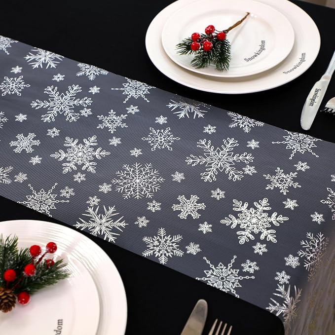 Snowkingdom 2PCS Silver Christmas Snowflake Glitter Table Runner 108 Inch | by Snowkingdom