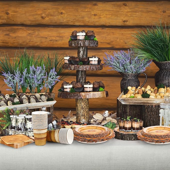 Kochorie 96 Pieces Camping Wood Grain Slice Tableware Set Rustic Wood Party - Image 5