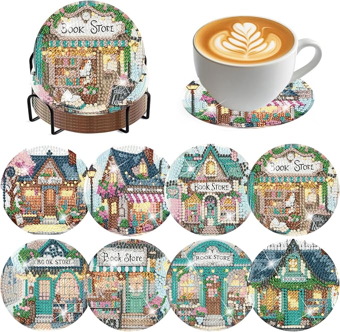 ijbnhd Diamond Art Coasters Kits, Book Store, 4x4 inch | Cork Wooden Pad by ijbnhd