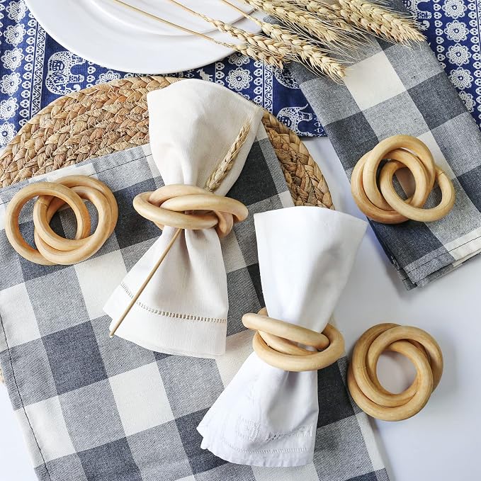 wonlex Wooden Napkin Rings Set of 6, Farmhouse Wood Napkin Ring, Handmade - Image 2