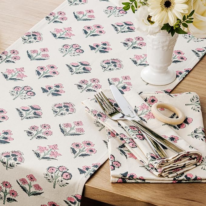 Block Print Floral Decorative Table Runners, 13x72 Inch Pink | 100% Organic - Image 2
